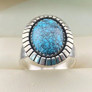 Luxurious RARE 925 Lander Spiderweb Turquoise "I KEE" design Navajo Ring Sz 6.5